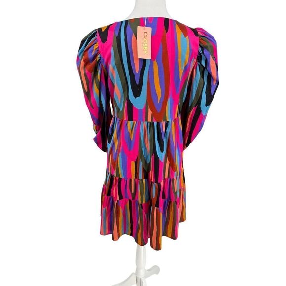 Crosby Bissy Dress | “Funky Town” | Sz S | Tiered Puff-Sleeve V-Neck Mini NWT - Picture 5 of 15